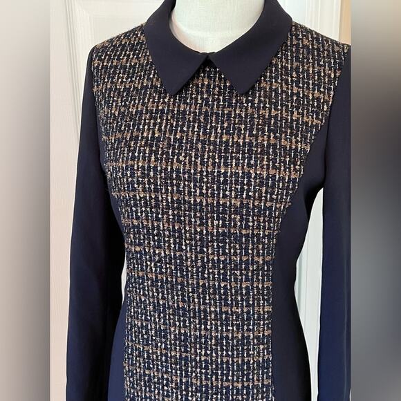 2ME Dressy Tweed Metallic Knit Long Sleeve Navy Career Sheath Dress Size XS-S - Picture 2 of 5